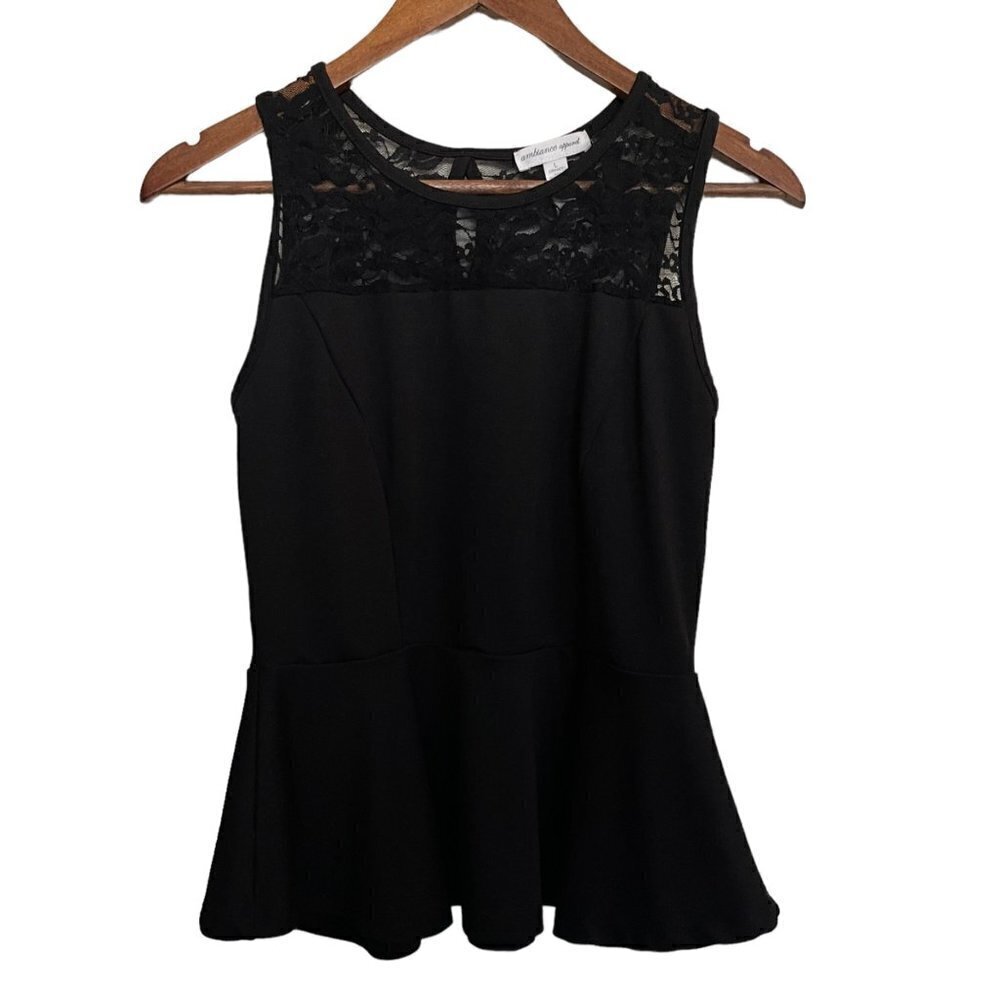 Ambiance Apparel Womens Juniors Black Lace Sleeveless Peplum Blouse Size Large